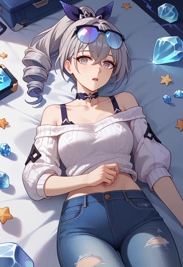 star rail,silver wolf,sweater,off-shoulder,ripped jeans  - AI generated anime art